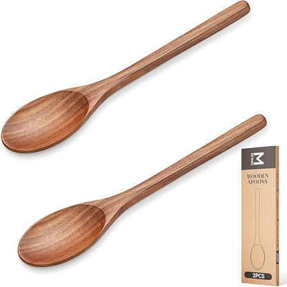MORGLES 2PCS Wooden Cooking Spoons, 12 Inch Acacia Wood, Handcrafted, Non-Scratch for Nonstick Cookware, Heat Resistant Utensils