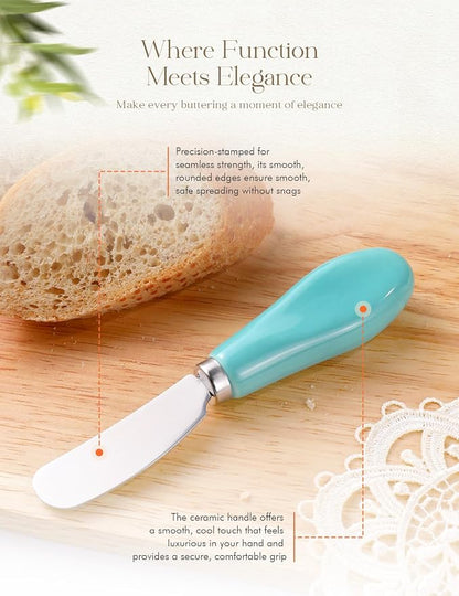 AISBUGUR 2 Pack Stainless Steel Butter Spreader Knife, Butter Knife with White Porcelain Handle, Cheese Butter Spreader Knives for Kitchen Green