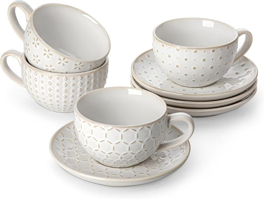 MALACASA 8 OZ Cappuccino Cups with Saucers Set of 4 - Ceramic Stackable Tea Cups and Saucers, Embossment Coffee Mugs for Tea, Latte and Mocha, Dishwasher Safe, Arctic white, LYDIA Series