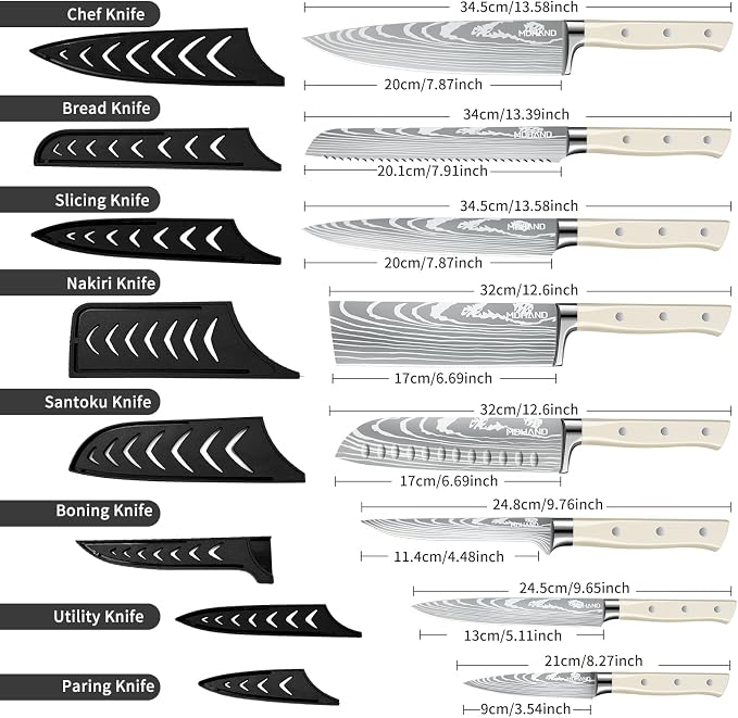 MDHAND Chef Knife Set with Roll Bag, 9PCS Professional Knife Set with Sharpener, High Carbon Stainless Steel Japanese Kitchen Knife Set - Forged Triple Rivet Handle, Dishwasher Safe, Chef Gifts, White