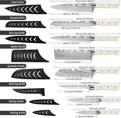 MDHAND Chef Knife Set with Roll Bag, 9PCS Professional Knife Set with Sharpener, High Carbon Stainless Steel Japanese Kitchen Knife Set - Forged Triple Rivet Handle, Dishwasher Safe, Chef Gifts, White