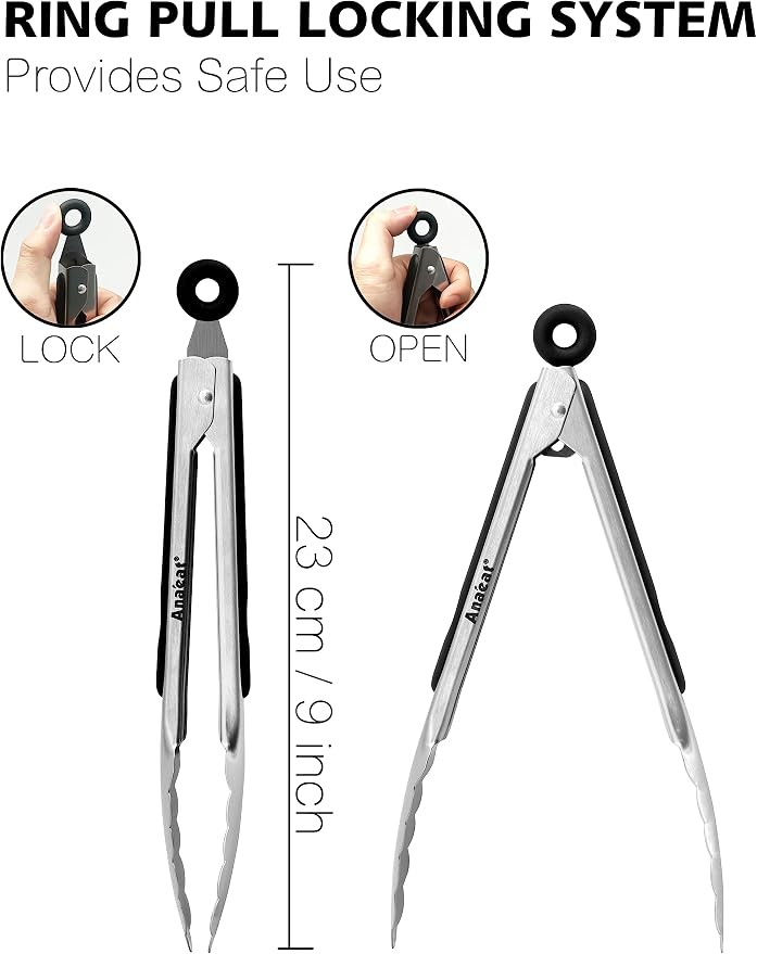 Anaeat Premium Stainless Steel Kitchen Tong, 9" Sturdy Coiled Spring Locking Food Tong with Non-Slip Silicone Grip for Cooking, Baking, Grilling, BBQ - Heat Resistant up to 480°F (Black)