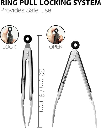 Anaeat Premium Stainless Steel Kitchen Tong, 9" Sturdy Coiled Spring Locking Food Tong with Non-Slip Silicone Grip for Cooking, Baking, Grilling, BBQ - Heat Resistant up to 480°F (Black)