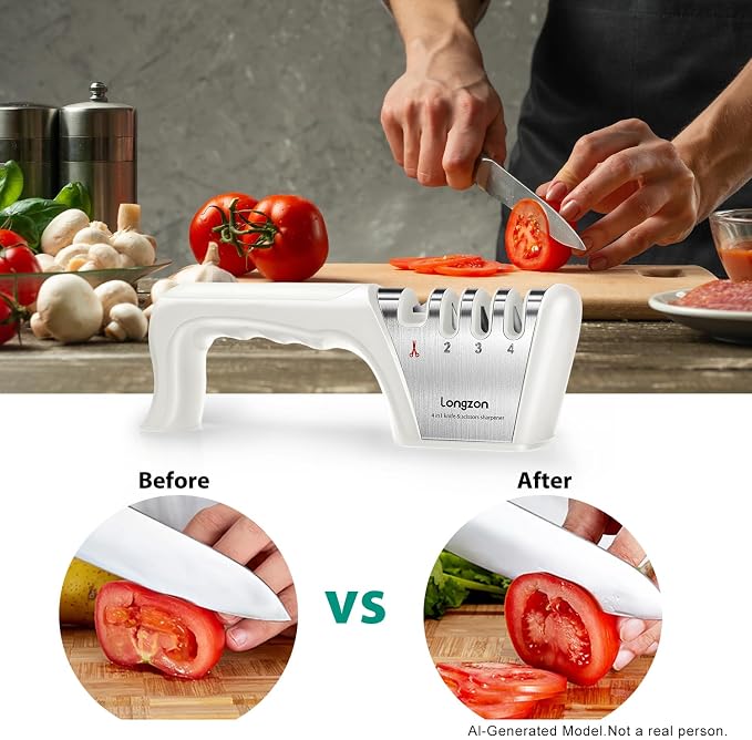 Longzon 5-in-1 Knife Sharpener 4 Stage with Cut-Resistant Glove, Quickly Sharpens & Restores Dull Blades, Easy & Safe for Home Kitchen Use, Fits Most Knives and Scissors, Off-white