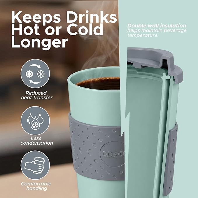 Copco Acadia 16oz Travel Mug with Lid, Set of 2 Double Wall Insulated Tumbler, Non-Slip Sleeve and BPA-Free - Microwave & Dishwasher Safe, Reusable Plastic To Go Travel Coffee Mug (Aqua/Gray)