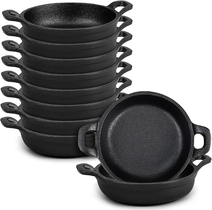 Ziliny 10 Pack Mini Cast Iron Skillets 5 x 5 x 1.3 Inch Cast Iron Pan Small Ramekin Set Black Casserole Dish Cookware Oven Safe Mini Skillets for Kitchen Indoor Outdoor Picnic