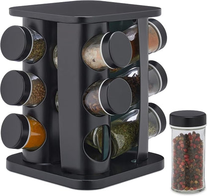 Relaxdays Spice Rack with 12 Spice Jars Refillable with Shaker Insert Rotating Spice Carousel Stainless Steel Black