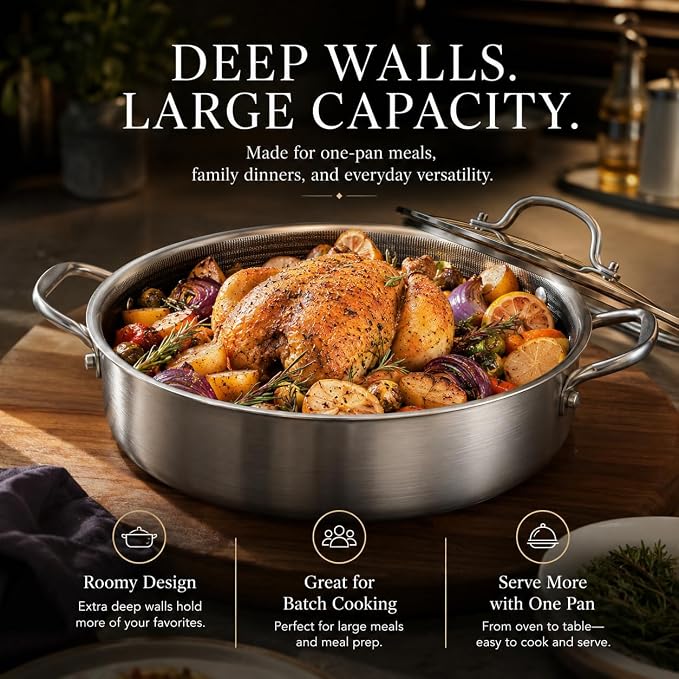 Tri-Ply Stainless Steel 7 Quarts Saute Pan, 12 Inch Nonstick Skillet with lids, Fast even Heat cookware, Hybird Large Frying Pan, 18/10 Chef's Cooking Pan, Induction Pan, Dishwasher and Oven Safe