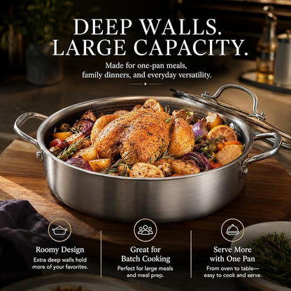 Tri-Ply Stainless Steel 7 Quarts Saute Pan, 12 Inch Nonstick Skillet with lids, Fast even Heat cookware, Hybird Large Frying Pan, 18/10 Chef's Cooking Pan, Induction Pan, Dishwasher and Oven Safe