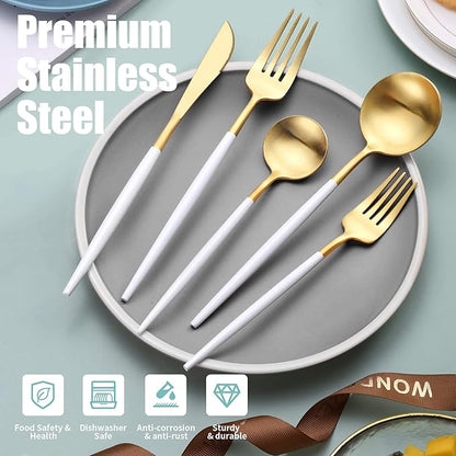 Lemeya Matte White Gold Silverware Set for 8,Modern Stainless Steel Brushed Cutlery Set,40-Pieces Heavy Duty Flatware Set,Knives Spoons and Forks Set Utensils Set, Satin Finish, Dishwasher Safe