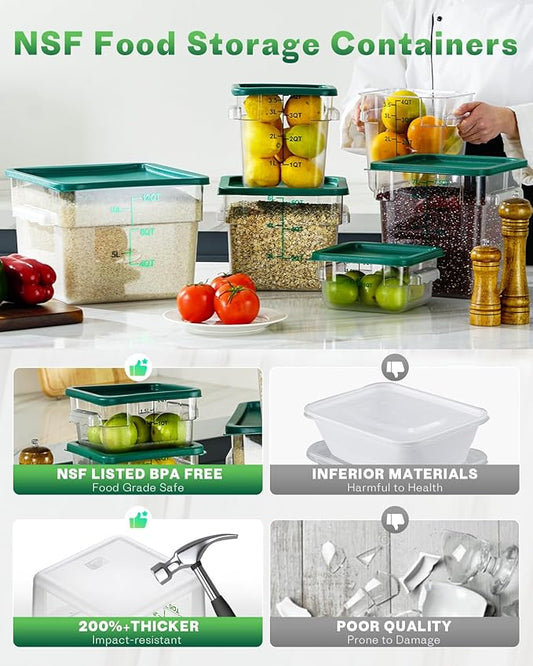 6QT NSF Food Storage Containers: 6PCS [Food Grade][Hot&Cold Resistant] Commercial Clear Food Storage Containers with Lids for Restaurant Kitchen Proof Dough, Measuring Spoons Included(GREEN)