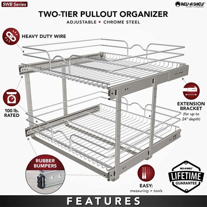 Rev-A-Shelf 2-Tier Pullout Shelf and Drawer Organizer for Kitchen Cabinets, Slide Out Storage Basket, Min Opening Width of 23.5", 24" x 22", 5WB2-2422-CR-1