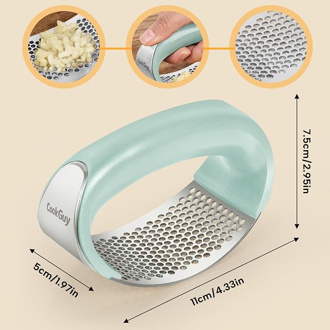 Cook Guy 304 Stainless Steel Garlic Press Rocker Set - Premium Garlic Mincer, Crusher, Peeler, and Scraper Tool for Effortless Mincing - Comfortable Grip Garlic Grinder (Green)