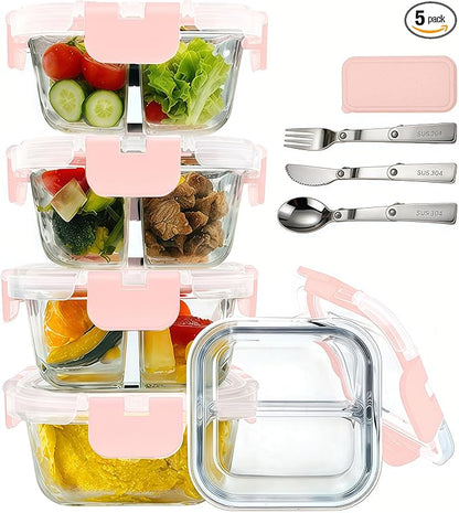 5 Pack Bariatric Meal Prep Containers, 8 oz Bariatric Bowls for Portion Control, Reusable Glass Snack Food Containers with Lids & Folding Spoon & Fork & Knife, Bariatric Must Haves (Pink)