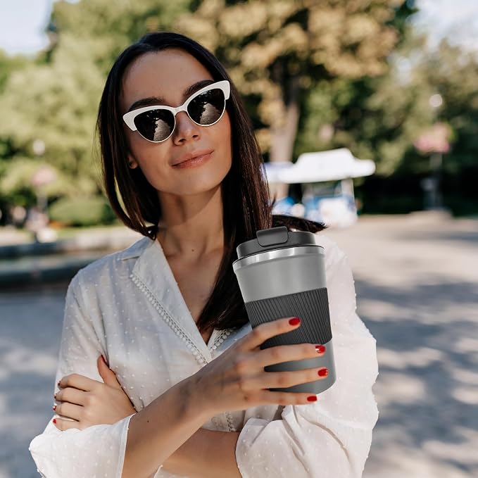 SPLMIFA Vacuum-Insulated Stainless Steel Travel Coffee Mug, Leak-Proof Reusable Coffee Cup with Lid-Keeps Drinks Hot & Cold for Hours, Durable Double Wall Tumbler for Men & Women (3rd-Grey, 12OZ)