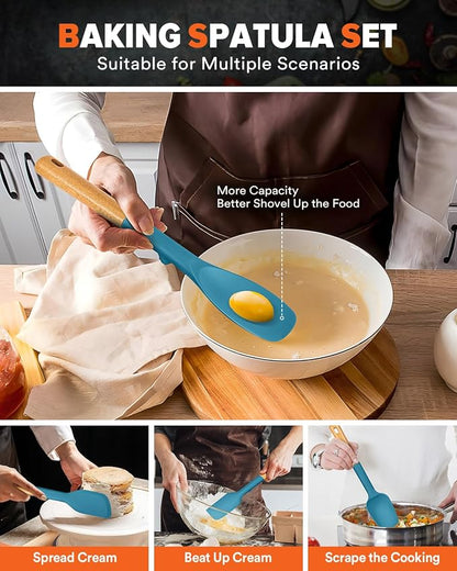 Silicone Spatula Spoon Set, Great for Mixing, Folding, Scraping, and Spreading, Sturdy BPA-Free Matte Silicone, Wooden Handle Rubber Spoonula for Nonstick Cookwares,4 Pack (BLUE)