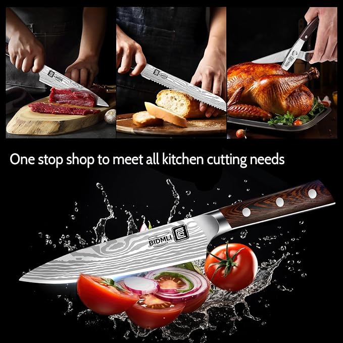 17-Pack kitchen knife set, wooden blocks,sharp high carbon stainless steel blades,hardwood handles,Sharpener,chicken bone clipper,microfiber towels,gift packaging,for families, restaurants, chefs.