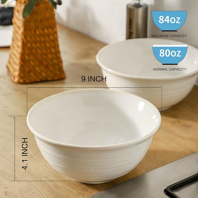 Serving Bowls Set of 2, 9 Inch Large Ceramic Mixing Bowls for Kitchen, Perfect for Salad Pasta Soup Pho Popcorn Baking Cooking, Ideal for Daily Meals Party Dinner Entertaining, Creamy White