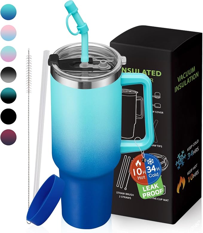 BENZZO 40 oz Tumbler with Handle Straw and 2-in-1 Lid Made of Metal Travel Mug for Easy Grip & Spill Proof, Pop-off Prevention Insulated Cup Gifts for Women, Double Seamless Inner Wall Vacuum Tumbler