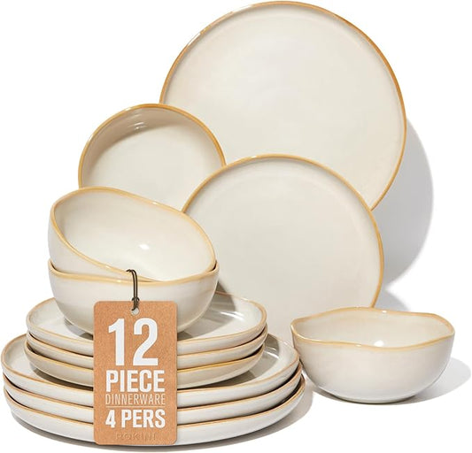 Pokini Ceramic Plates and Bowls Set, Everyday Dinnerware Set for 4, Wavy Rim Kitchen Dish Set, Chip Resistant Dishware Sets, Dishwasher Safe Dinner Set, Designed for Simple Meals, Yellow White