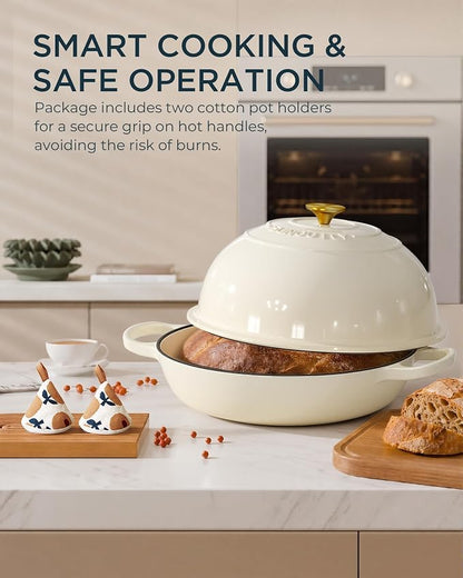 Enameled Cast Iron Bread Oven, 6QT Cast Iron Dutch Oven for Homemade Sourdough Bread Baking, Round Bread Pot with Dome Lid & Cotton Potholders, Cream White
