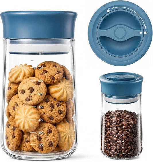 Airtight Food Jar with Blue Rotary Lid, 27oz Borosilicate Food Storage Canisters with Measurement Marks, Wide Mouth Pantry Jar for Kitchen, Counter, Coffee Beans, Oats, Cereal, Pasta, Cookie