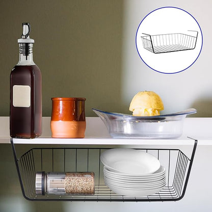 8 Pack Hanging Under Shelf Storage Basket, Steel Hanging Wire Rack Storage Baskets, Slide-in Baskets Organizer for Kitchen Cabinet Desk Organizer Storage, Space Saving, 16"D x 9"W x 5.9"H