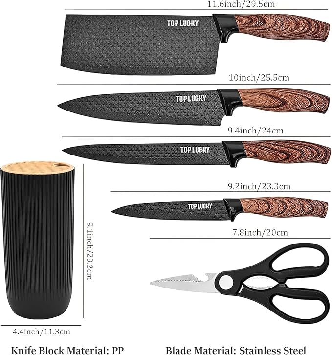 Black Knife Set, 6 Pieces Professional Kitchen Knife Set with Universal Knife Block, Super Sharp Knife Block Set with Ergonomic Handle Non-stick Stainless Steel Knife Block Set (Black)