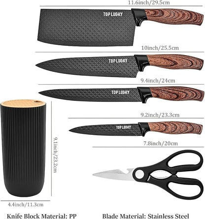 Black Knife Set, 6 Pieces Professional Kitchen Knife Set with Universal Knife Block, Super Sharp Knife Block Set with Ergonomic Handle Non-stick Stainless Steel Knife Block Set (Black)