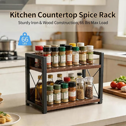 2-Tier Countertop Organizer, Iron-Wood Coffee Station Shelf, Heavy Duty Kitchen Counter Spice Rack for Coffee Bar, Pantry, Bathroom Storage(Brown)