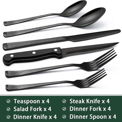 EWFEN 24-Piece Black Silverware Set with Steak Knives, Black Flatware Set for 4, Food-Grade Stainless Steel Tableware Cutlery Set, Mirror Finished Utensil Sets for Home Restaurant, Roman Column