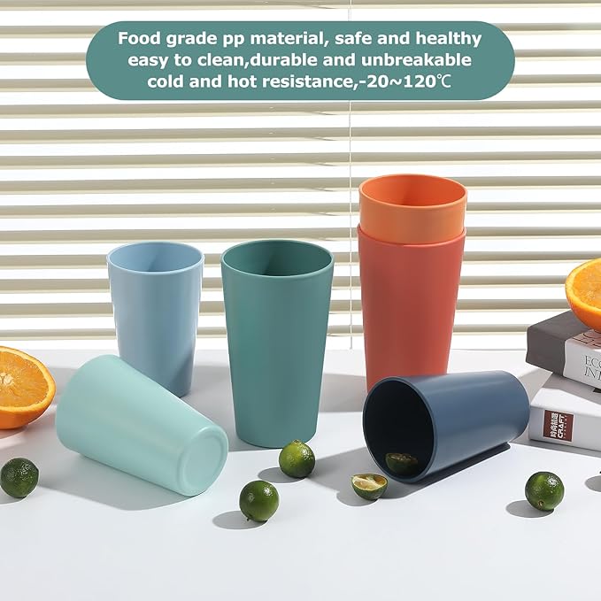 24 Pcs Unbreakable Plastic Cups Set, 20 oz Reusable Plastic Cups, Stackable Water Tumblers, Drinking Cup for Kitchen, Outdoor, BPA-free, Dishwasher Refrigerator and Microwave Safe (20 oz, 4 Colors)