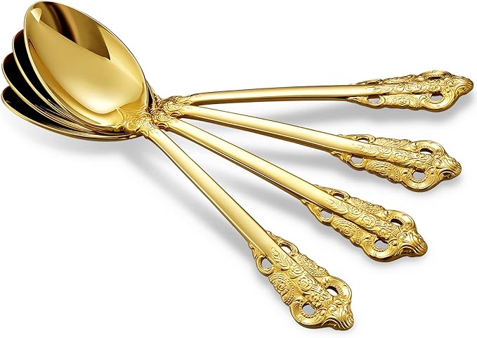 KEAWELL Luxury Dinner Spoon, Set of 4, 18/10 Stainless Steel Tablespoons, Silverware Spoon Set, Mirror Polished, 7.8 Inches (Gold)