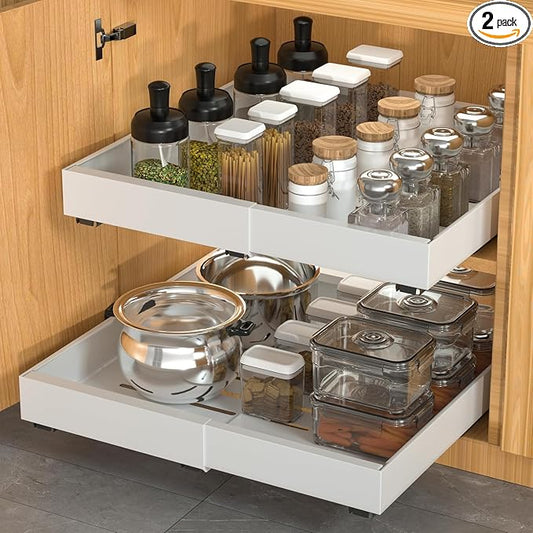 DEKAVA 4 Pack Pull Out Cabinet Organizer Expandable, Adhesive with Nano Film, Pull Out Drawers for Cabinets in Kitchen, Pantry or Bathroom (White, 21“DEEPX[12"-20'']Width-4PACK)