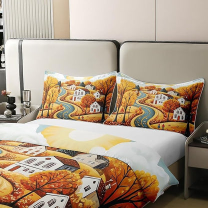 Fall Countryside 100% Cotton Bedding Set Maple Leaves Tree Comforter Cover Set for Kids Teens Bedroom Decor Autumn Landscape Duvet Cover (No Comforter) Full Size 3 PCS