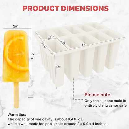 Miaowoof Homemade Popsicle Molds, 10-Cav Non-BPA Silicone Ice Pop Maker, with 50 Sticks, 50 Bags, 10 Reusable Sticks, Funnel, Brush and Ice Pop Recipe (White)