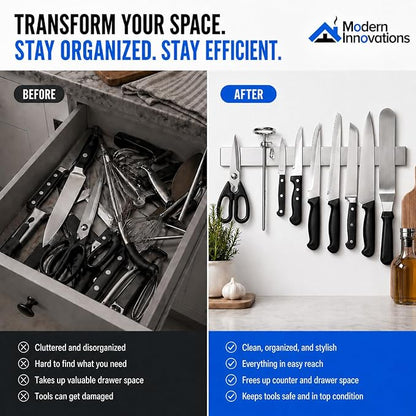 Modern Innovations 16 Inch Stainless Steel Magnetic Knife Bar with Multi-Purpose Functionality as a Knife Holder, Knife Strip, Magnetic Tool Organizer, Art Supply Organizer & Home Organizer
