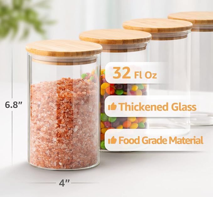 COCOYA 32 FL Oz Glass Jars with Bamboo Lid Set, 4Pack UPGRADE Thick Glass Pantry Storage Canisters Kitchen Clear Food Containers, for Dry Foods Nut Meal Prep Coffee Bean Candy Sugar Cookie Cereal