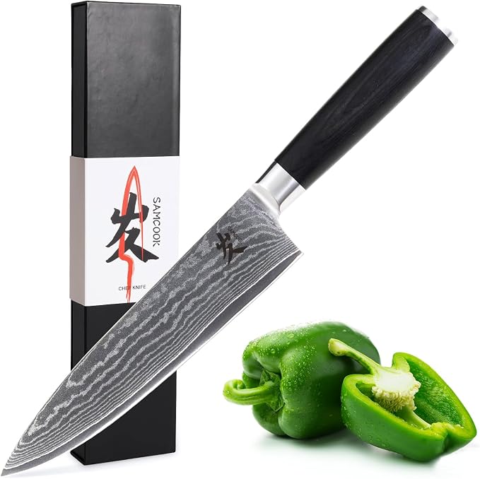 SAMCOOK Damascus Chef Knife, 8 inch Ultra Sharp Cooking Knife With VG-10 High Carbon Stainless Steel，Professional Chef Knives with Black Pakka wood Handle and Premium Gift Box