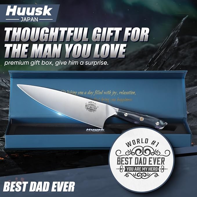 Huusk Fathers Day Gift Idea for Dad - 8" Chef Knife for Kitchen - Birthday Gift Idea for Dads - Best Dad Ever - Stainless Kitchen Knife with Resin Handle, Full Tang Cooking Knives