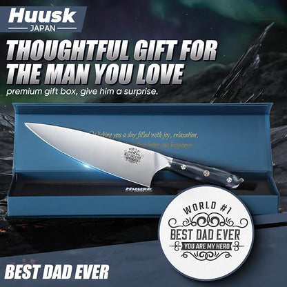 Huusk Fathers Day Gift Idea for Dad - 8" Chef Knife for Kitchen - Birthday Gift Idea for Dads - Best Dad Ever - Stainless Kitchen Knife with Resin Handle, Full Tang Cooking Knives