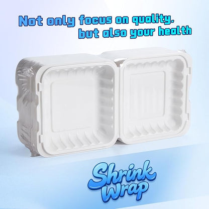 YANGRUI 55-Pack 34oz 8" White Takeout Boxes with Shrink Wrapped No Pre-Wash | Heavy Duty Mineral PP Microwave & Freezer Safe BPA Free Hinged Lunch Containers for Sandwiches, Pizza & Meal Prep