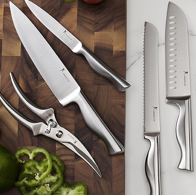 Kangdelun 15-Piece Ultra Sharp Kitchen Knife Set with Wooden Block, Exclusive Ergonomic Anti-Slip Handle, High-Carbon 50CR15MOV Steel, Angled Design, Dark Brown Wood Block