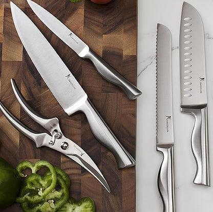 Kangdelun 15-Piece Ultra Sharp Kitchen Knife Set with Wooden Block, Exclusive Ergonomic Anti-Slip Handle, High-Carbon 50CR15MOV Steel, Angled Design, Dark Brown Wood Block
