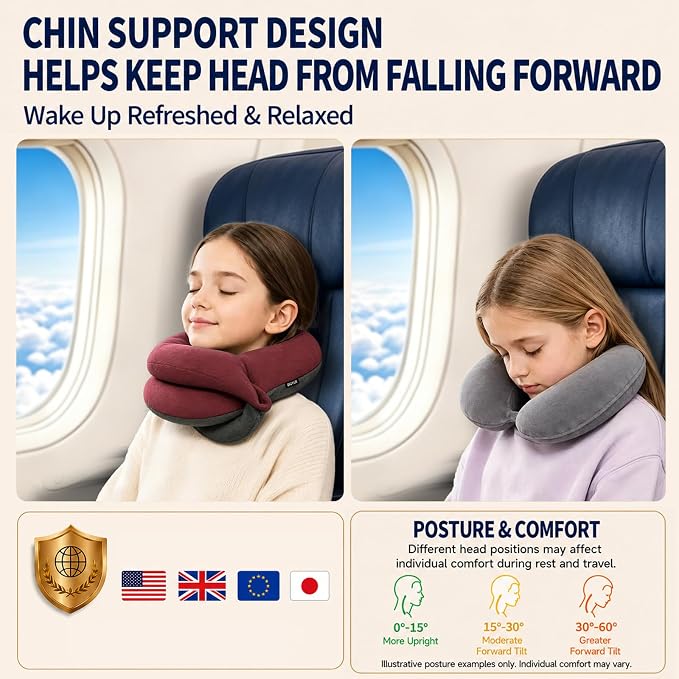BUYUE Kids Travel Pillows for Airplane, Memory Foam 360° Head Support Sleeping Essentials for Long Flight, Skin-Friendly Soft Neck Pillow for Traveling in Car Seat, (Small, Red Grey, 40-90 lbs)