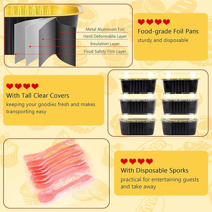 LNYZQUS 5oz Mini Cake Pans with Lids 25 Pack, Foil Baking Cups Small Muffin Tin Single Cupcake Containers, Square Individual Pan for Oven, Disposable Ramekins for Halloween Baking Gifts-Black