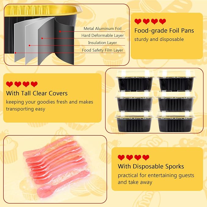 LNYZQUS 10oz Mini Cake Pans with Lids 25 Pack,4”x4” Foil Small Cake Tins Baking Cups for Brownie Bread, Disposable Muffin Pan Individual Cupcake Containers for Halloween Baking Gifts-Black