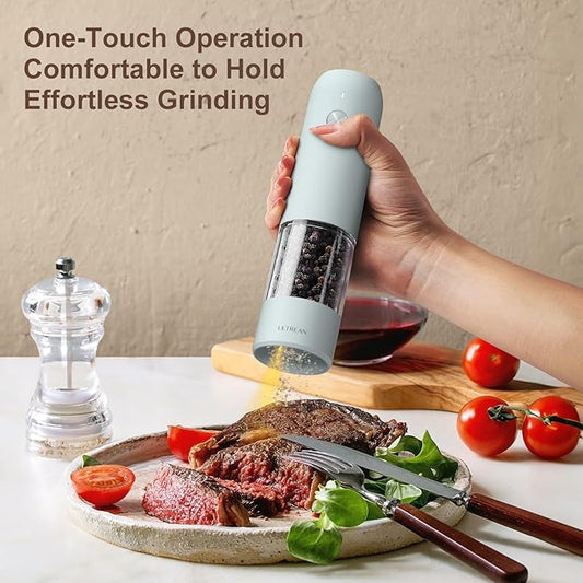 Ultrean Pepper Grinder, Rechargeable Salt and Pepper Grinder with 6 Adjustable Coarseness, LED Light, One-Hand Automatic Operation, Gifts for Women, Blue