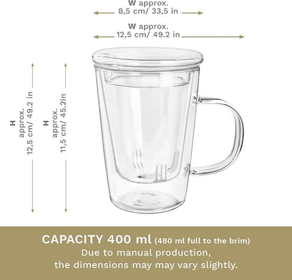 Creano Tea Glass 400 ml – Large Tea Cup with Strainer and Glass Lid – An ideal Tea Maker