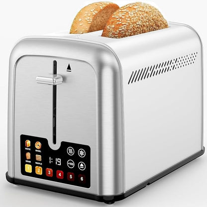 Touch Screen Toaster 2 Slice, Retro Stainless Steel Smart 2 Slice Toaster with Digital Timer,1.5" Wide Solt with 6 Shade Settings, Perfect for Waffles, Bagels and More 238TCB(Silver)